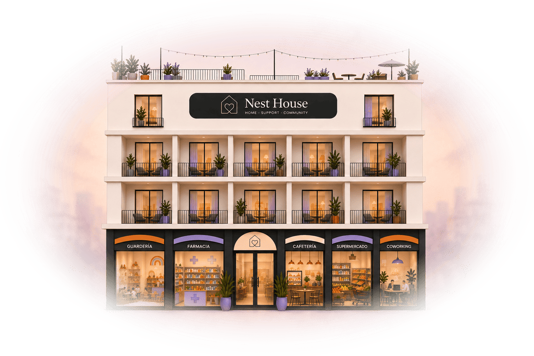 Fachada del edificio Nest House al atardecer, con terraza comunitaria en la azotea, viviendas con balcón y los locales de guardería, farmacia, cafetería, supermercado y coworking iluminados en la planta baja.
